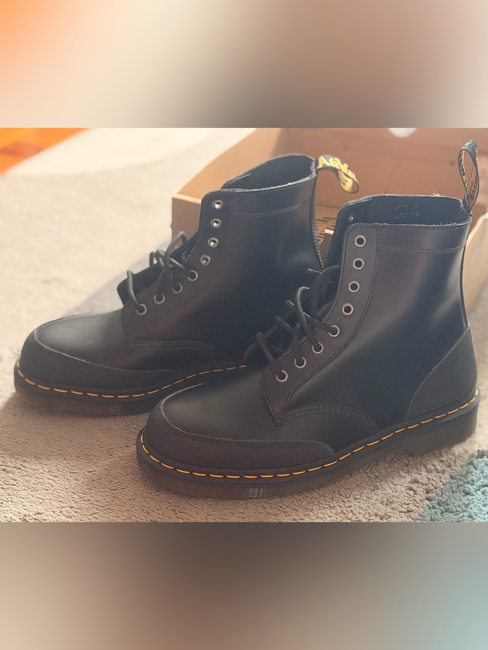 Dr. Martens Black Leather Lace-Up 8-Eye Boots with Yellow Stitching